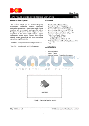 AS321_10 datasheet - LOW POWER SINGLE OPERATIONAL AMPLIFIER Battery Charger