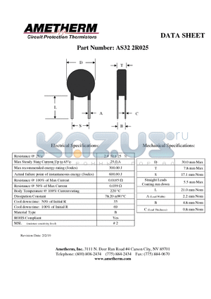 AS322R025 datasheet - Resistance @ 25`c