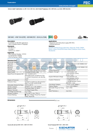 0031.1632 datasheet - Shock-Safe Fuseholder, 5 x 20 / 6.3 x 32 mm, Slot Knob/Fingergrip, IEC: 500 VAC, UL/CSA: 600 VAC/DC