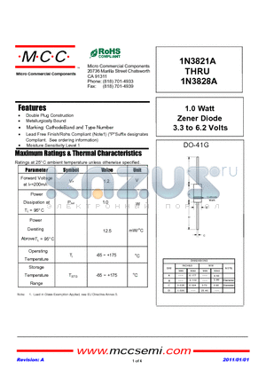 1N3821A datasheet - 1.0 Watt Zener Diode 3.3 to 6.2 Volts