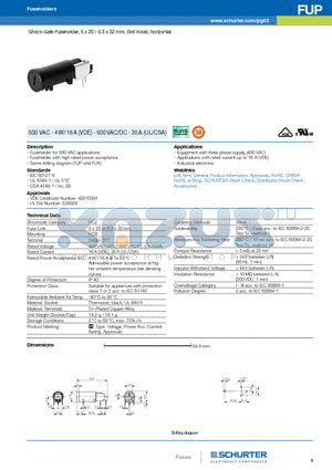 0031.2520-ND datasheet - Shock-Safe Fuseholder, 5 x 20 / 6.3 x 32 mm, Slot Knob, horizontal