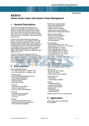 AS3515 datasheet - Stereo Audio Codec with System Power Management