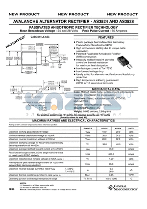 AS3524 datasheet - PASSIVATED ANISOTROPIC RECTIFIER TECHNOLOGY