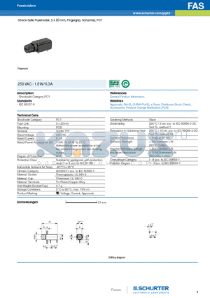 0031.3501 datasheet - Shock-Safe Fuseholder, 5 x 20 mm, Fingergrip, horizontal, PC1