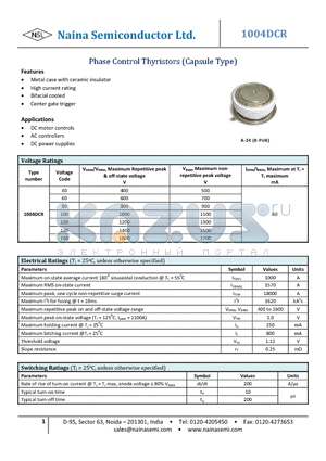 1004DCR datasheet - Phase Control Thyristors (Capsule Type)