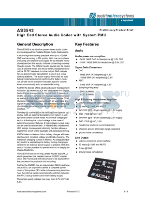 AS3543 datasheet - High End Stereo Audio Codec with System PMU