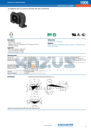 1005 datasheet - IEC Appliance Inlet C18, Screw-on Mounting, Rear Side, PCB Terminal