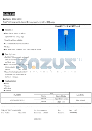 1006SYGSURW-S530-A3 datasheet - 3.68*6.22mm Multi-Color Rectangular Legend LED Lamps