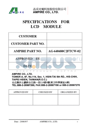 AG-640480C2FTCW datasheet - SPECIFICATIONS FOR LCD MODULE