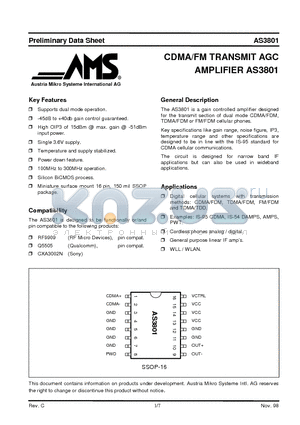 AS3801 datasheet - CDMA/FM TRANSMIT AGC AMPLIFIER AS3801