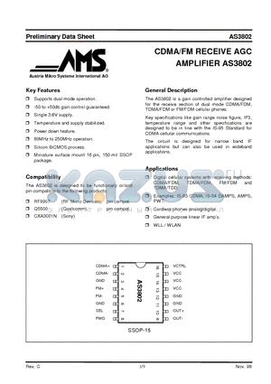 AS3802 datasheet - CDMA/FM RECEIVE AGC AMPLIFIER AS3802