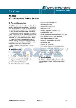 AS3932 datasheet - 3D Low Frequency Wakeup Receiver