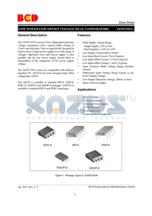 AS393AP-E1 datasheet - LOW POWER LOW OFFSET VOLTAGE DUAL COMPARATORS