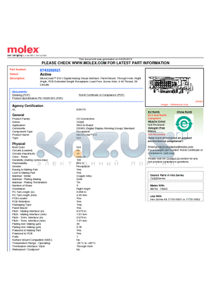 74320-2021 datasheet - MicroCross DVI-I Digital/Analog Visual Interface, Panel Mount, Through Hole, RightAngle, PCB Extended Height Receptacle, Lead Free, Screw Hole, 4-40 Thread, 29