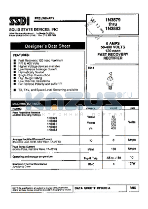 1N3882 datasheet - 6 AMPS 50-400 VOLTS 120 nsec FAST RECOVERY RECTIFIER