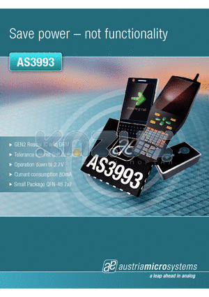 AS3993 datasheet - The AS3993 UHF reader chip is the next generation integrated analog front end and protocol handling system for a 900MHz RFID reader system from austriamicrosystems