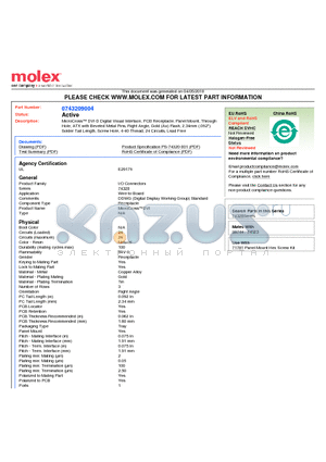 74320-9004 datasheet - MicroCross DVI-D Digital Visual Interface, PCB Receptacle, Panel Mount, ThroughHole, ATX with Beveled Metal Pins, Right Angle, Gold (Au) Flash, 2.34mm (.092