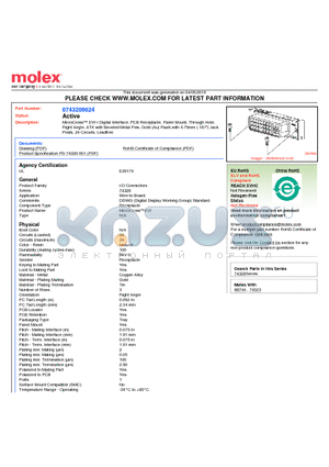 74320-9024 datasheet - MicroCross DVI-I Digital Interface, PCB Receptacle, Panel Mount, Through Hole,Right Angle, ATX with Beveled Metal Pins, Gold (Au) Flash,with 4.75mm (.187