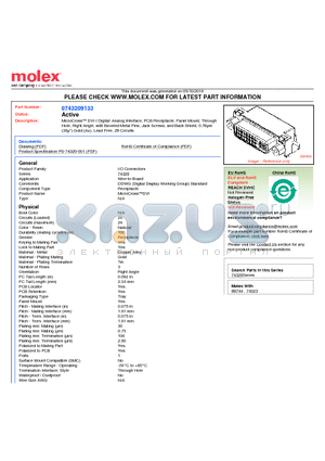74320-9133 datasheet - MicroCross DVI-I Digital/ Analog Interface, PCB Receptacle, Panel Mount, ThroughHole, Right Angle, with Beveled Metal Pins, Jack Screws, and Back Shield, 0.76lm