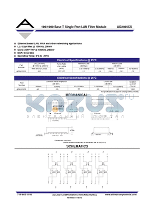 AG2405CS datasheet - 100/1000 Base T Single Port LAN Filter Module
