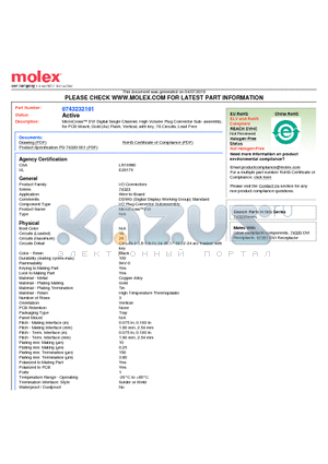 74323-2101 datasheet - MicroCross DVI Digital Single Channel, High Volume Plug Connector Sub- assembly,for PCB Mount, Gold (Au) Flash, Vertical, with key, 18 Circuits, Lead Free