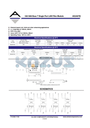 AG2407SI datasheet - 100/1000 Base T Single Port LAN Filter Module