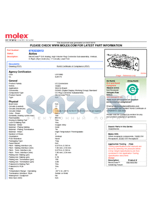 74323-2012 datasheet - MicroCross DVI Analog, High Volume Plug Connector Sub-assembly, Vertical0.76lm (30l