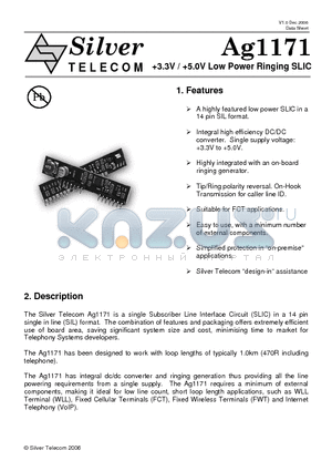 AG1171 datasheet - 3.3V / 5.0V Low Power Ringing SLIC