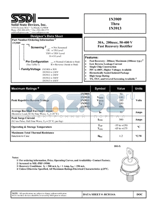 1N3910 datasheet - 30A, 200nsec, 50-400 V Fast Recovery Rectifier