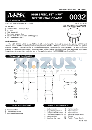 0032 datasheet - HIGH SPEED, FET INPUT DIFFERENTIAL OP-AMP