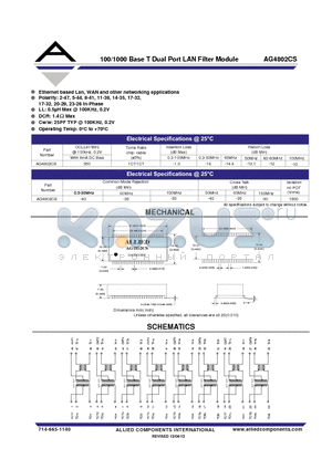 AG4802CS datasheet - 100/1000 Base T Dual Port LAN Filter Module