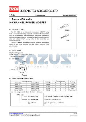 1N40 datasheet - 1 Amps, 400 Volts N-CHANNEL POWER MOSFET