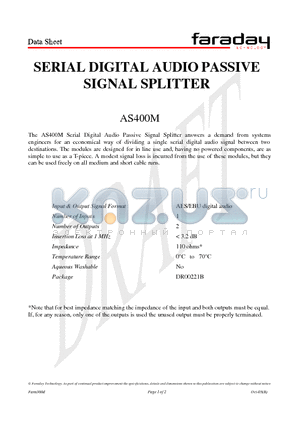 AS400M datasheet - SERIAL DIGITAL AUDIO PASSIVE SIGNAL SPLITTER
