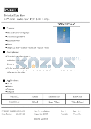 743UYD/S530-A3 datasheet - 2.0*5.0mm Rectangular Type LED Lamps