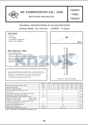 1N4001 datasheet - TECHNICAL SPECIFICATIONS OF SILICON RECTIFIER