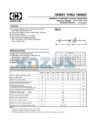 1N4001 datasheet - GENERAL PURPOSE PLASTIC RECTIFIER