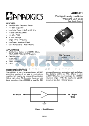 AGB3301 datasheet - 50 ohm HGIH LINEARITY LOW NOISE WIDEBAND GAIN BLOCK