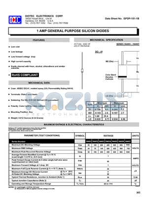 1N4001 datasheet - 1 AMP GENERAL PURPOSE SILICON DIODES