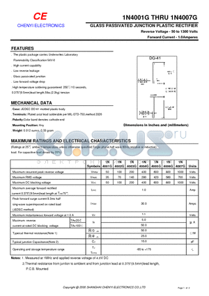 1N4001G datasheet - GLASS PASSIVATED JUNCTION PLASTIC RECTIFIER