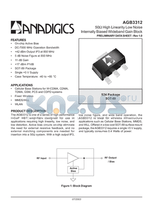 AGB3312 datasheet - 50 High Linearity Low Noise Internally Biased Wideband Gain Block