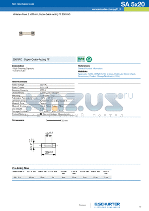 0034.0911.PT-ND datasheet - Miniature Fuse, 5 x 20 mm, Super-Quick-Acting FF, 250 VAC