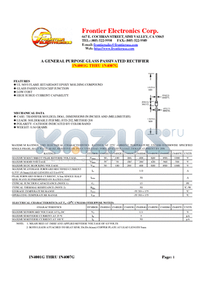 1N4001G datasheet - A GENERAL PURPOSE GLASS PASSIVATED RECTIFIER