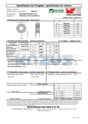 744118 datasheet - TOROIDAL LINE CHOKE WE-SI