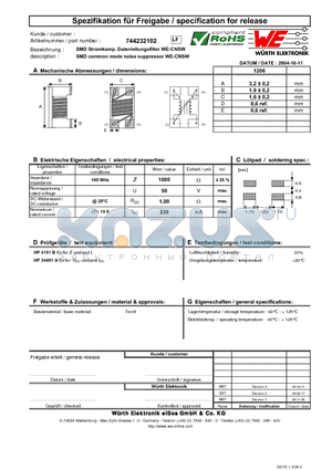 744232102 datasheet - SMD common mode noise suppressor WE-CNSW