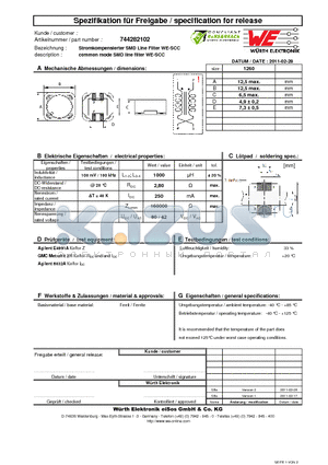 744282102 datasheet - Stromkompensierter SMD Line Filter WE-SCC