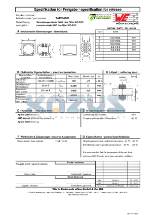 744284101 datasheet - Stromkompensierter SMD Line Filter WE-SCC