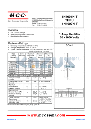 1N4002H-T datasheet - 1 Amp Rectifier 50 - 1000 Volts