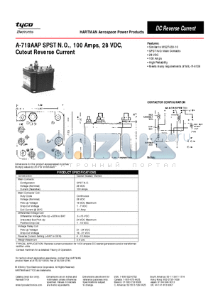 A-718AAP datasheet - A-718AAP SPST N.O., 100Amps, 28 VDC, Cutout Reverse Current