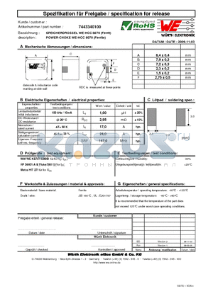 7443340100 datasheet - POWER-CHOKE WE-HCC 8070 (Ferrite)