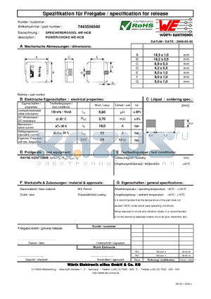 7443556560 datasheet - POWER-CHOKE WE-HCB